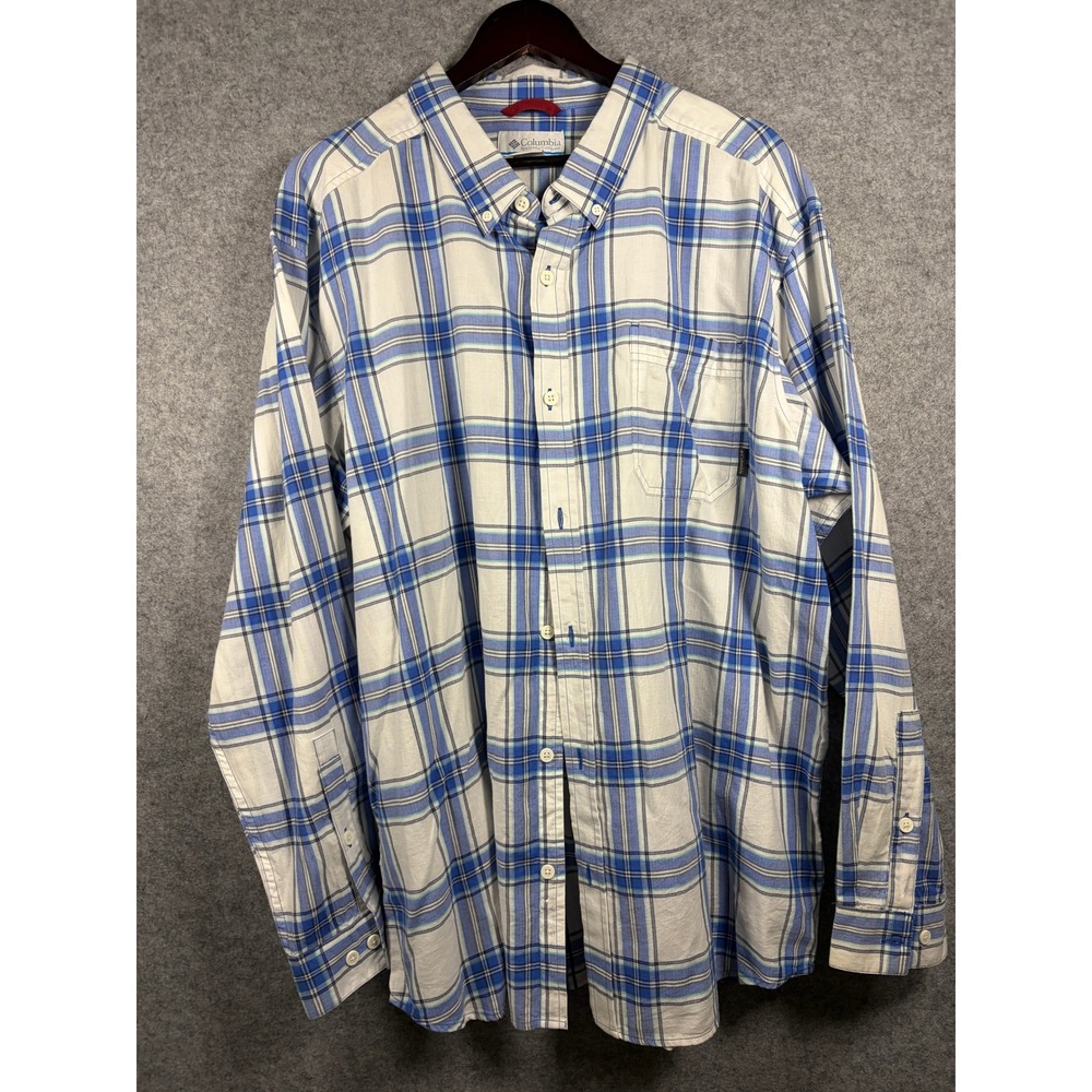 Columbia Mens XXL Blue White Plaid Long Sleeve Button Down Shirt Pocket Logo
